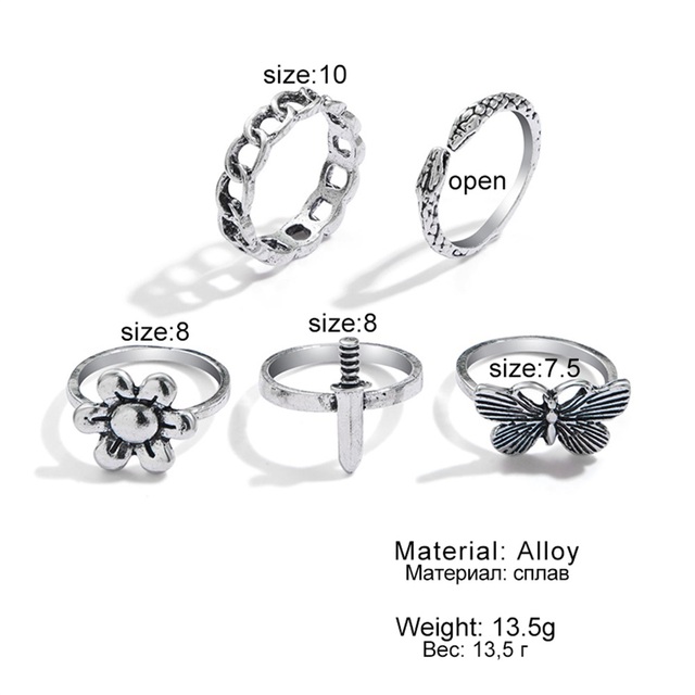6Pcs Vintage Gothic Butterfly Angle Flower Multi Element Ring Set For Women Men Retro Personality Finger Ring Gifts