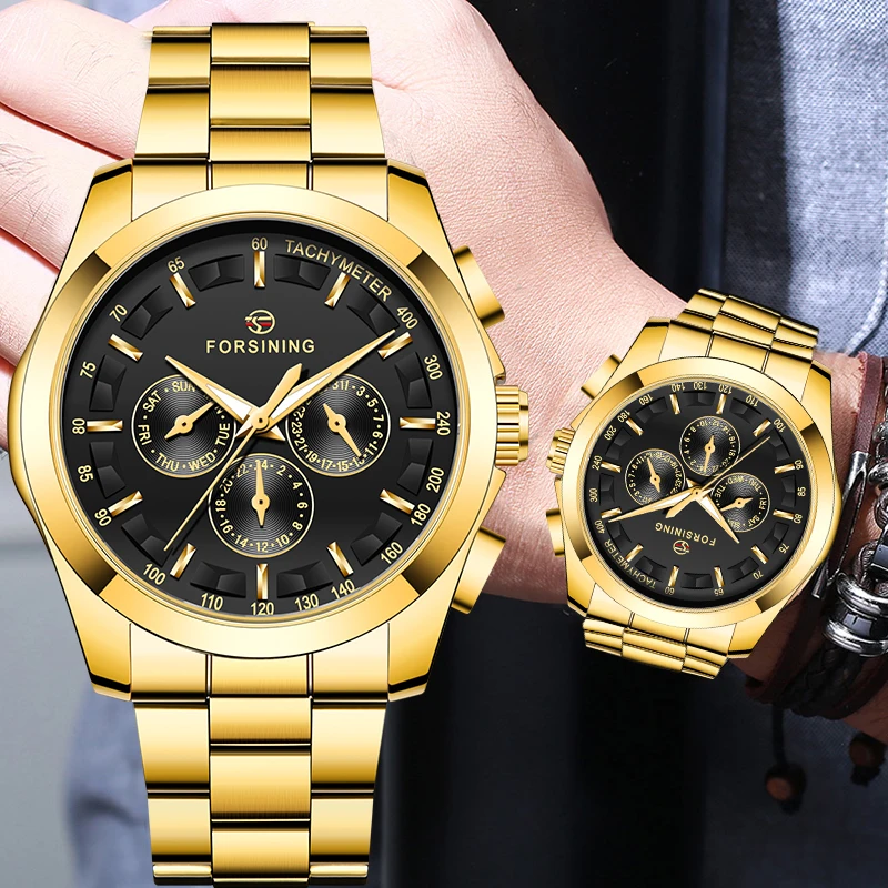 

FORSINING Automatic Mechanical Men Wristwatch Military Sport Male Clock Top Brand Luxury Full Gold Steel Man Watch Relogio Clock