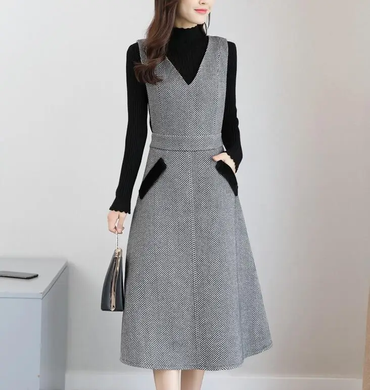Плюс размер 3XL! Женское осенне-зимнее клетчатое шерстяное платье без рукавов с v-образным вырезом, плотное тонкое платье трапециевидной формы - Цвет: gray