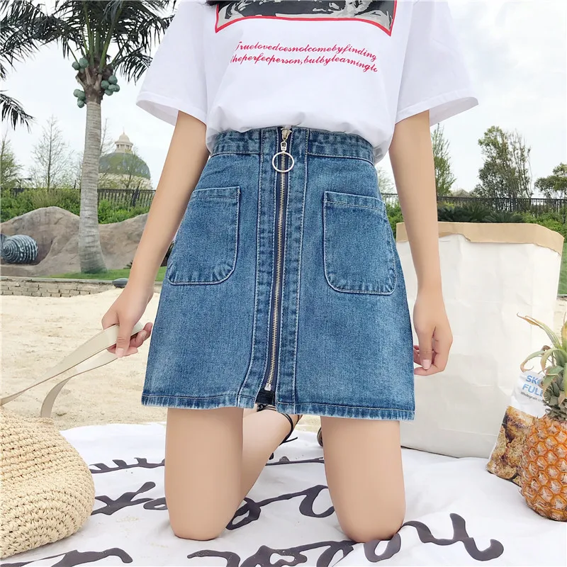 

2018 Summer Wear New Style Korean-style Versatile Dual Pocket Zipper Denim Skirt Sheath Short Skirt Women's