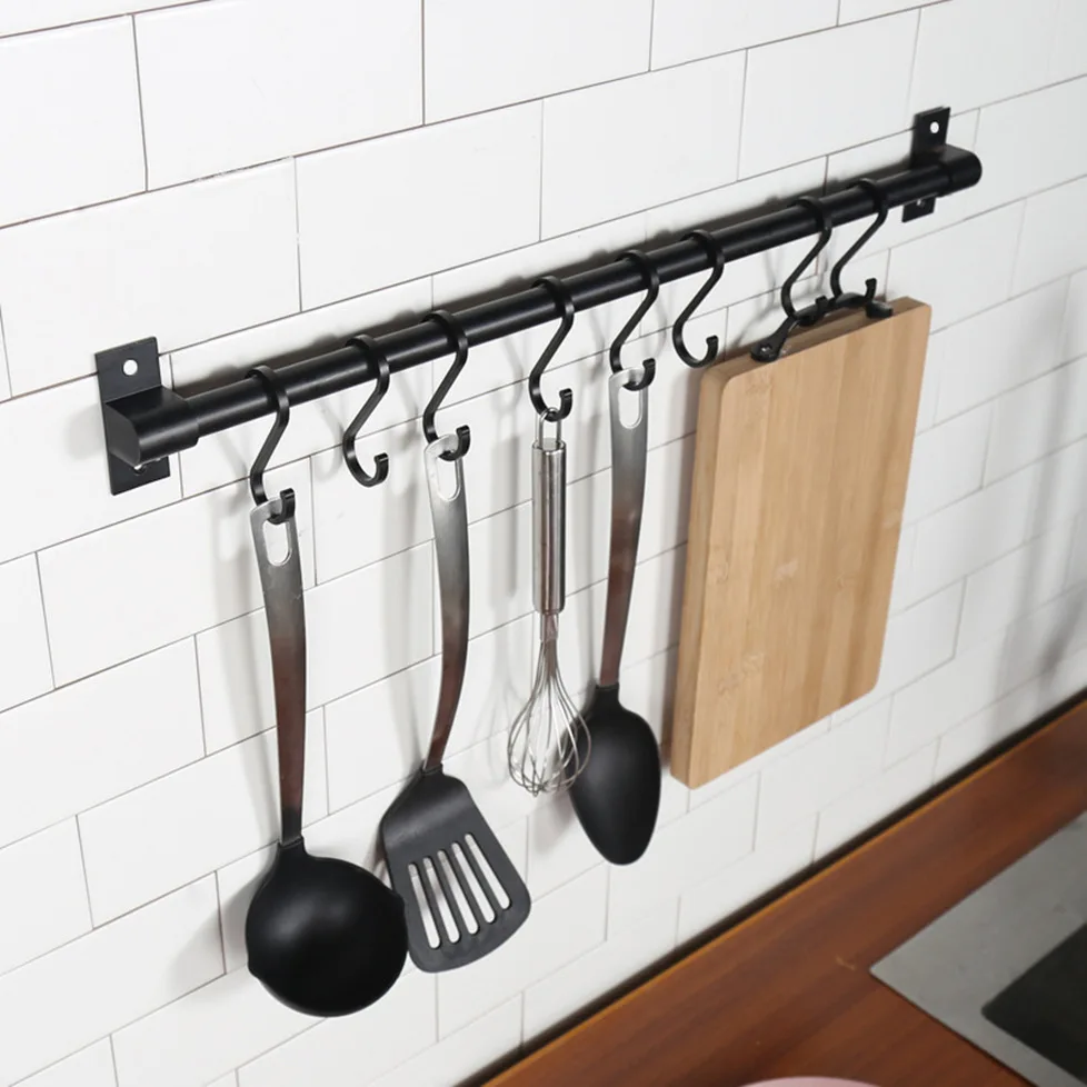 Black Kitchen Rack Wall Mounted Pantry Bar with Hook Kitchen Shelf for Kitchenware Utensil Tool Storage Pantry Sundry Rack