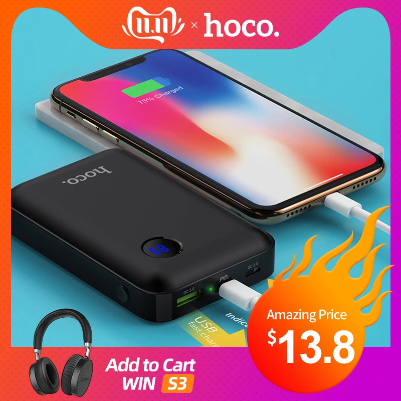 Billig HOCO Mini 10000mAh Power Bank 18W USB Typ C PD Schnelle Lade + Quick Charge 3,0 USB Power externe Batterie für iPhone Samsung