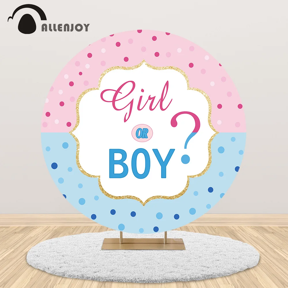 

Allenjoy boy or girl gender reveal party round backdrop cover baby shower baby pink blue Custom circle background banner photo