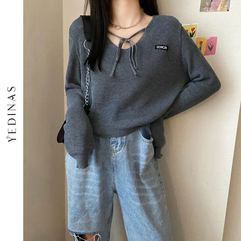 

Yedinas Sexy V-Neck Lace Up Knitted Sweaters Women Autumn Long Sleeve Solid Crop Tops Spring Knitwear Japanese Ladies Jumper