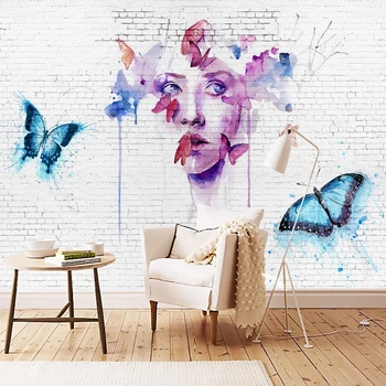 

Custom Photo Wallpaper Modern Abstract Art Hand-painted Ink-jet Butterfly Portrait 3D Stereo White Brick Wall Living Room Murals