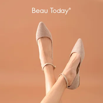 

BeauToday Flats Women Corduroy Genuine Cow Leather Pointed Toe Buckle Strap Spring Autumn Female Mary Janes Shoes Handmade 30075