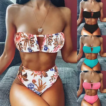 

2020 New Women's Biquini Fashion Floral Printing Bathing Suit For Bathers Off Shoulder Split Underwear Set Push Up Pad Intimates