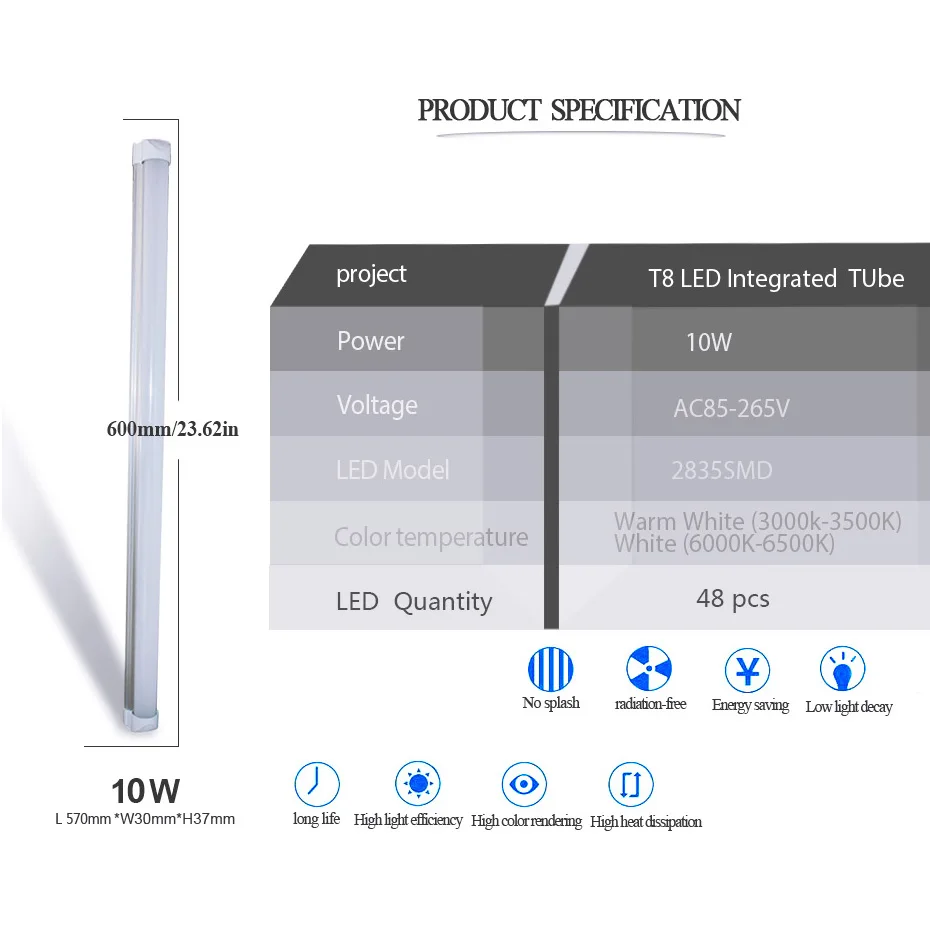 T8 Интегрированный 10 Вт Светодиодный светильник AC85V-265V 2835 SMD 600 мм Люминесцентная Светодиодная трубка Lampara Ampoule светодиодный светильник теплый белый/холодный белый