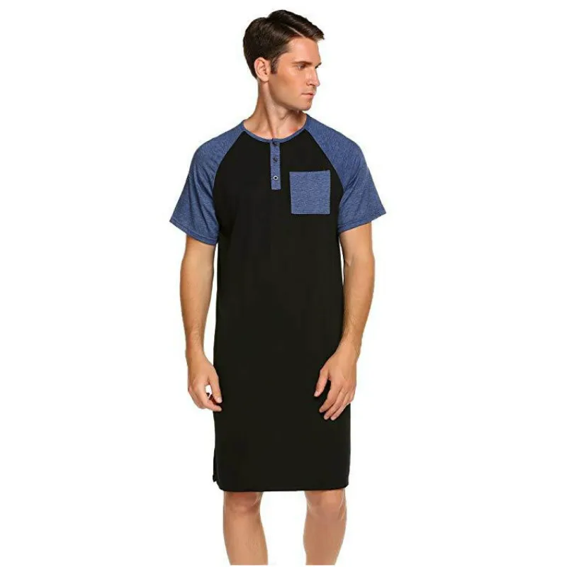 Men Long Nightshirts Sleepwear V Neck 