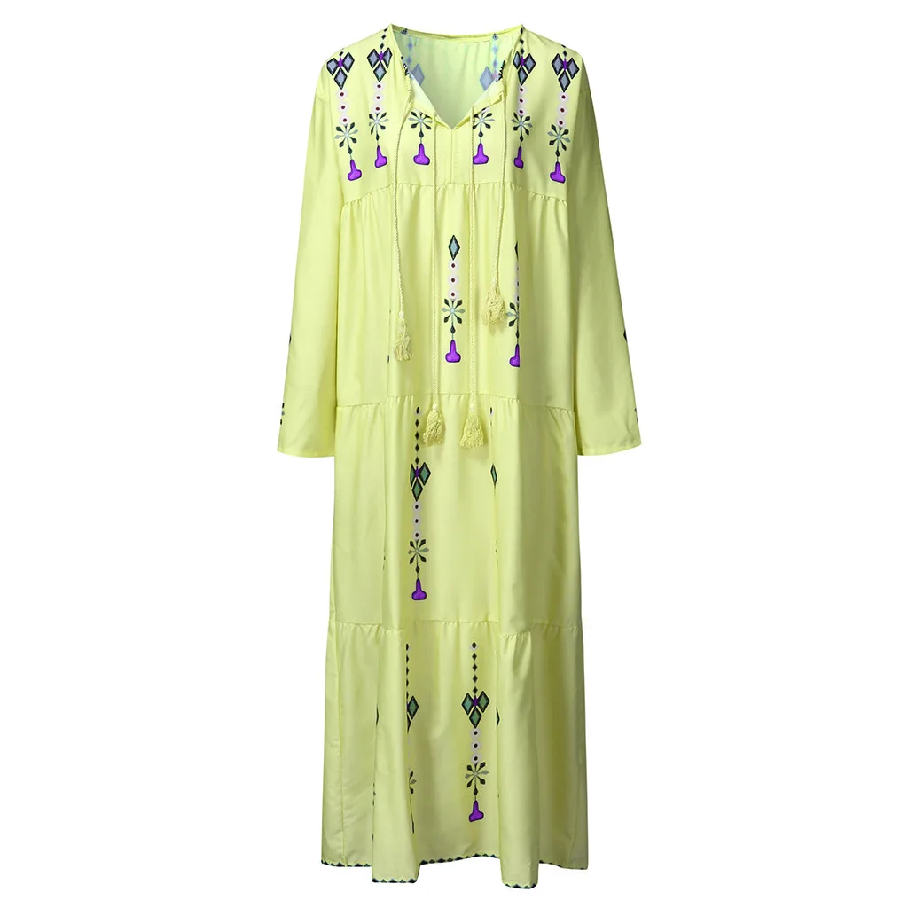 Цветочное Макси Платье женское с длинным рукавом с v-образным вырезом на шнуровке винтажные платья Летняя одежда в стиле бохо пляжное для вечеринки хиппи длинное платье - Цвет: Цвет: желтый