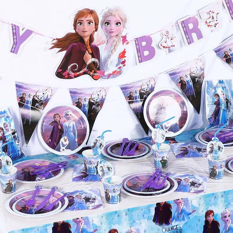 Disney Frozen 2-vajilla desechable para fiesta temática de dibujos animados, platos de vasos de papel, decoraciones para fiesta de cumpleaños, suministros para Baby Shower