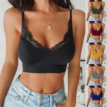 

Summer Women Sexy Tank Tops Lace Floral Crochet Padded Bra Black White Cotton Tank Tops Sexy V-Neck Lace Crochet Vest Casual