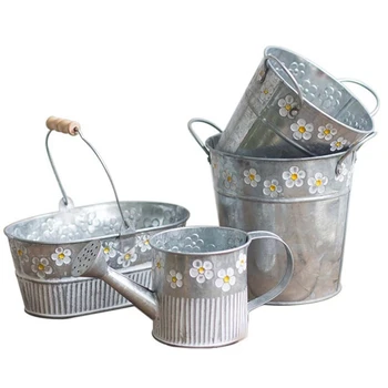 

1 Set of 4 Pieces of Flower Arrangement Tube Balcony Flower Pot Iron Barrel Vintage Old Wrought Iron Hanging Barrel