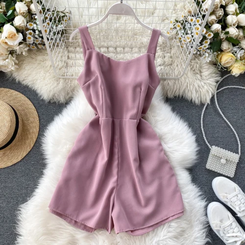 pink playsuit Woherb корейский модный однотонный Свободный комбинезон с высокой талией и открытой спиной, эластичный комбинезон, повседневные винтажные комбинезоны, новинка 91512 - Цвет: pink playsuit