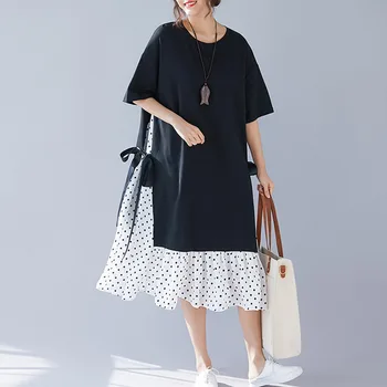 

[EWQ] 2020 Spring Summer New Pattern Round Collar Short Sleeve Fake Two Piece Patchwork Dot Print Casual Dress Women AD976