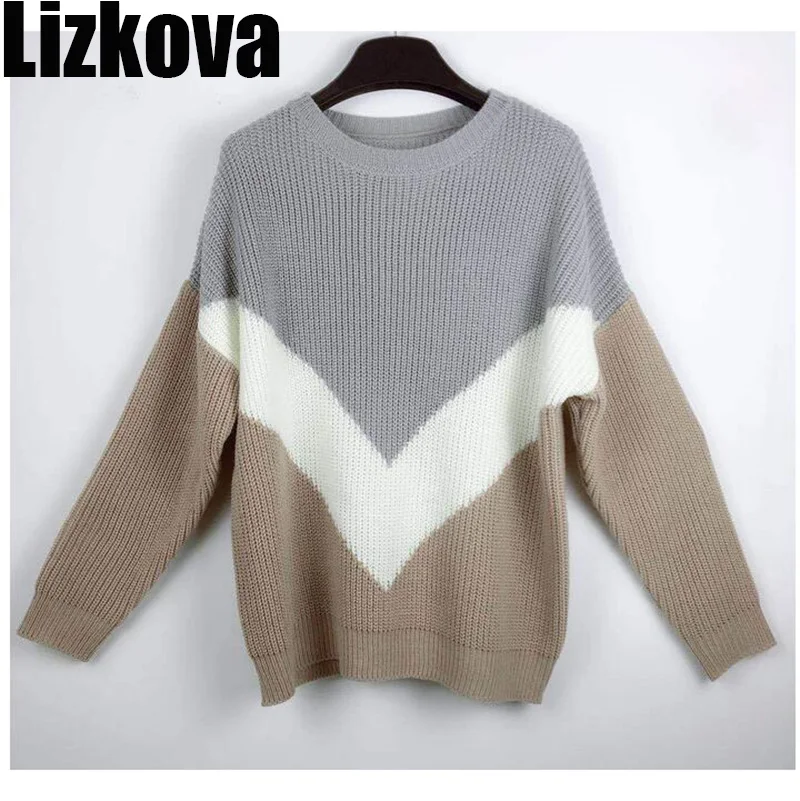 

2019 Autumn Women Oversized Sweater Color Matching Knitted Pullover Sweater Soft Casual wear Jumpers