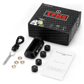 

Solar Car TPMS Car Tire Pressure Monitoring System USB Charging Digital LED Screen Real-time Voice Alarm with 4 External Sensors