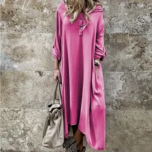 Модные весенние новые женские повседневные топы размера плюс на пуговицах с длинным рукавом, Женская Однотонная футболка с капюшоном, длинное платье размера плюс