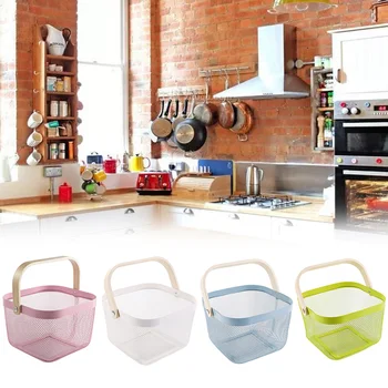

Vegetable Fruit Basket Wooden Handle Metal Basket Portable Large Capacity Multi-function Vegetable Groceries Storage Baskets