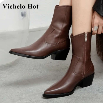 

Vichelo Hot 2020 new arrival western boots split leather pointed toe high heel office lady daily wear elegant ankle boots L56
