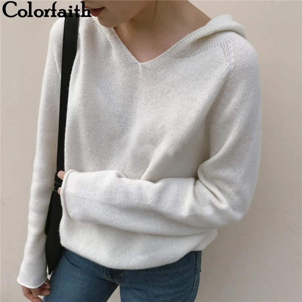 Colorfaith 2021 New Autumn Winter Women Sweaters Pullovers Hooded Minimalist Style Korean Elegant Lady Solid Tops SW1571JX | Женская