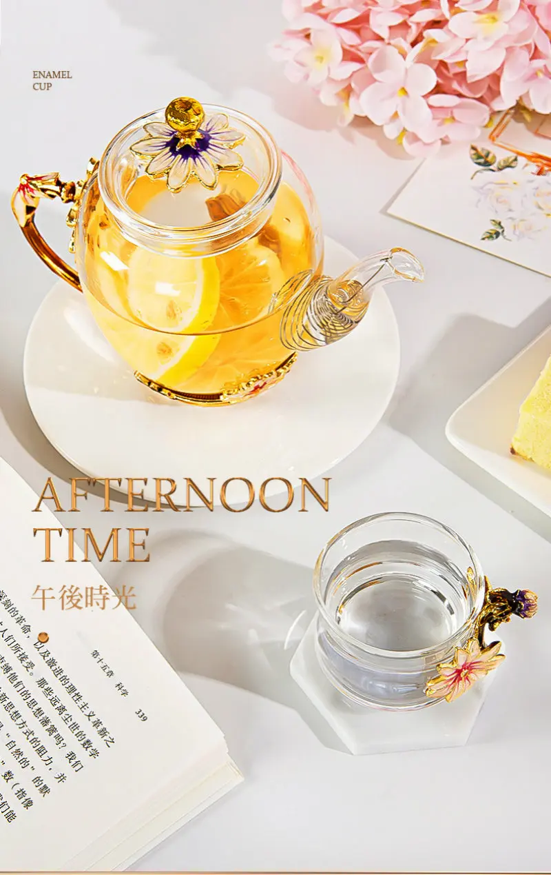 Красивый эмалированный Хрустальный чайный набор, стеклянный чайный горшок с ромашками для горячих и холодных напитков, домашняя посуда для напитков, офисный чайник, чайный набор, кофейник