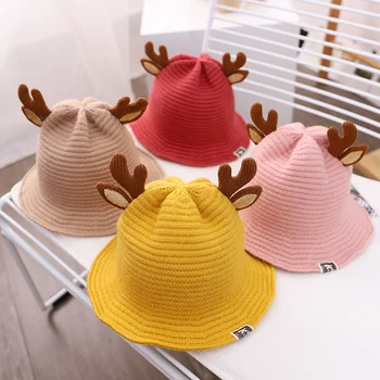 

Children's Knitted Hat Autumn and Winter Cartoon Antlers Super Cute Baby Woolen Cap Earmuffs Head Boys and Girls Warm Hat