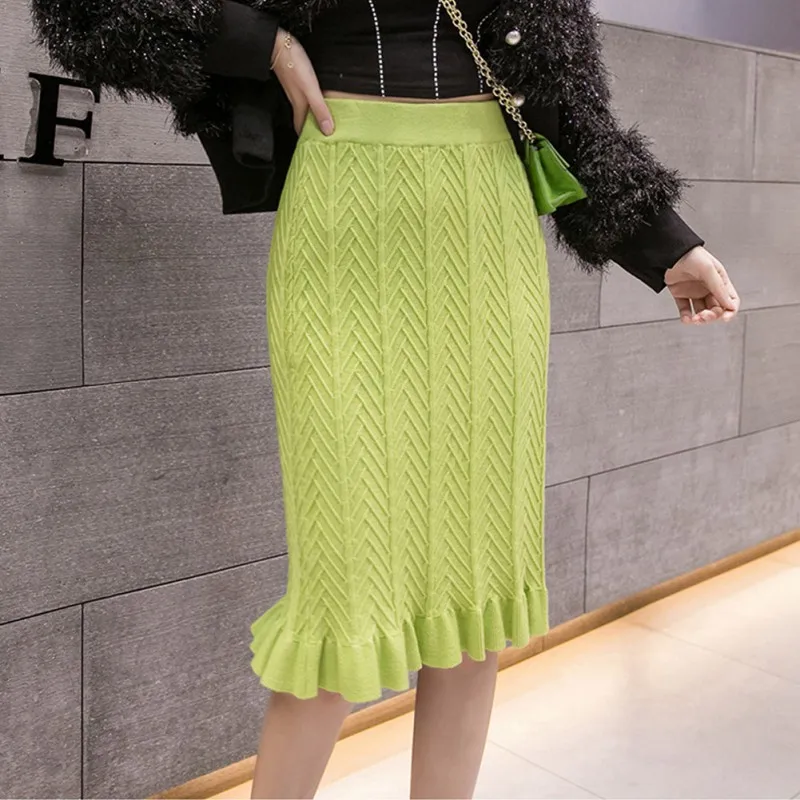 Элегантная тонкая женская трикотажная юбка до середины икры, осенняя высокая талия, гофрированные модные вязаные юбки, 3 цвета - Цвет: Зеленый