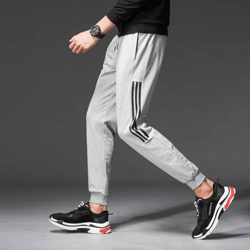 

2019 Spring Summer Three Bars Pure Cotton Athletic Pants Men's Stripes Casual Trousers Teenager Capri Beam Leg Sweatpants Fashio