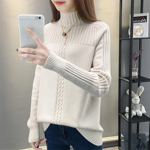 Surmiitro Knitted Turtleneck Women Autumn Winter Ladies Korean Sweater Female Long Sleeve Jumper Blue White Red Pullover - Цвет: Бежевый