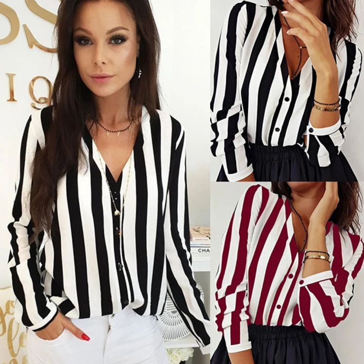 2021 New Blouse Women Casual Striped Top Shirts Blouses Female Loose Blusas Autumn Fall Casual Ladies Office Blouses Top Sexy