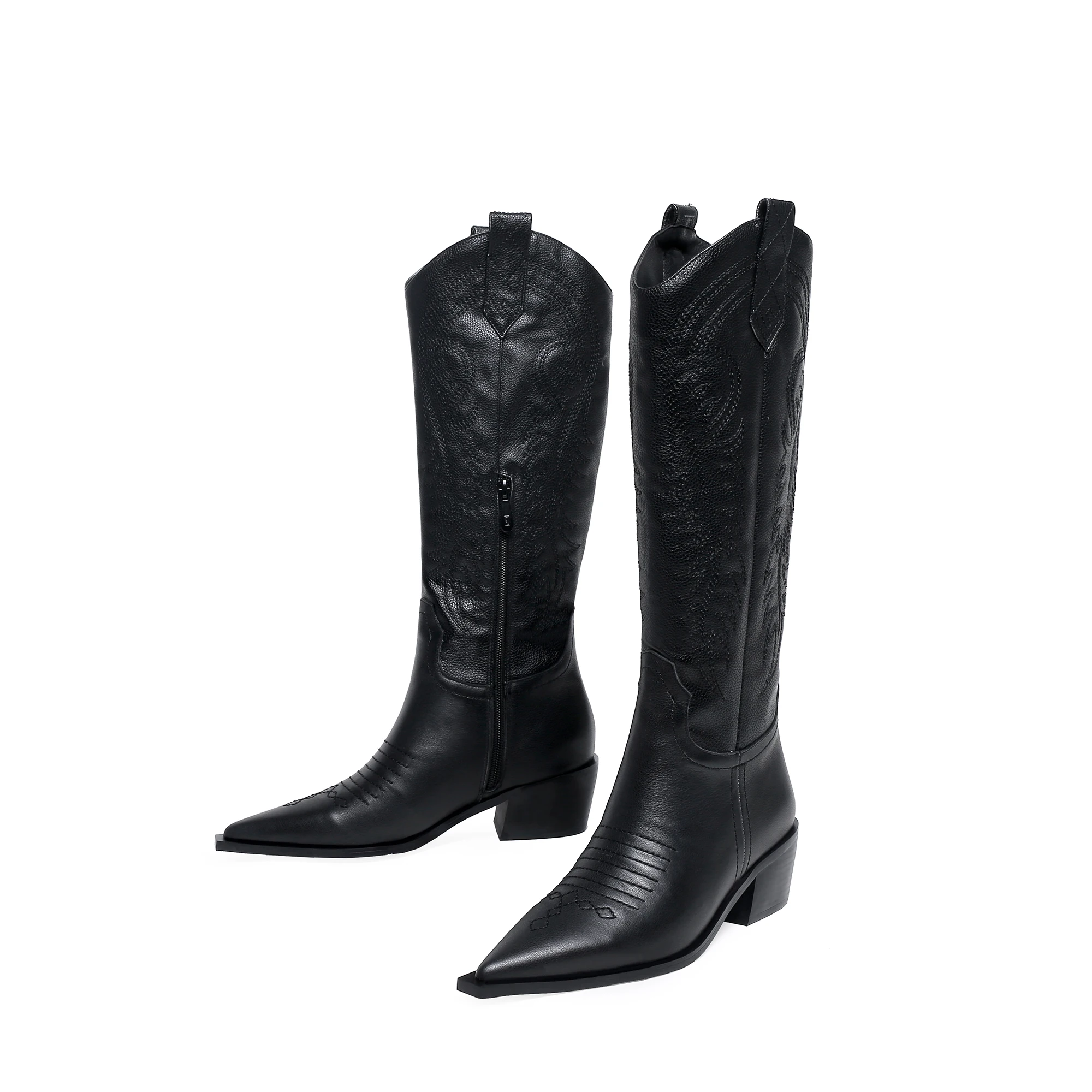black boots Г. Осенние ковбойские ботинки ручной работы высокого качества с вышивкой, западное Родео женские кожаные женские ковбойские ботинки женские сапоги для верховой езды до середины икры - Цвет: black boots