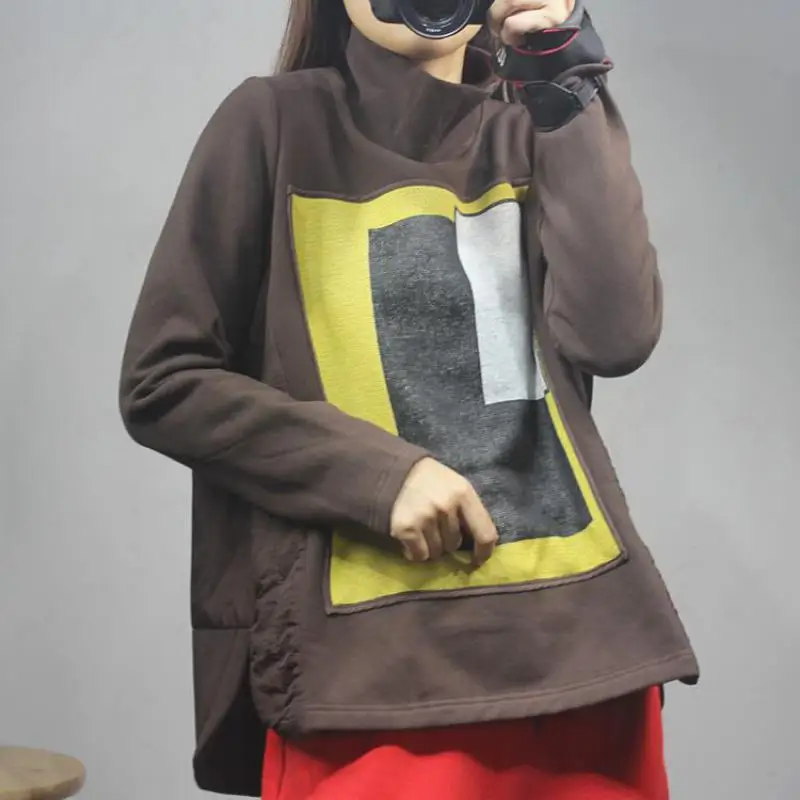 Johnature Casual Hoodies Patchwork Turtleneck Women Clothes New Autumn Pullovers Loose Geometric Leisure Ladies Hoodie
