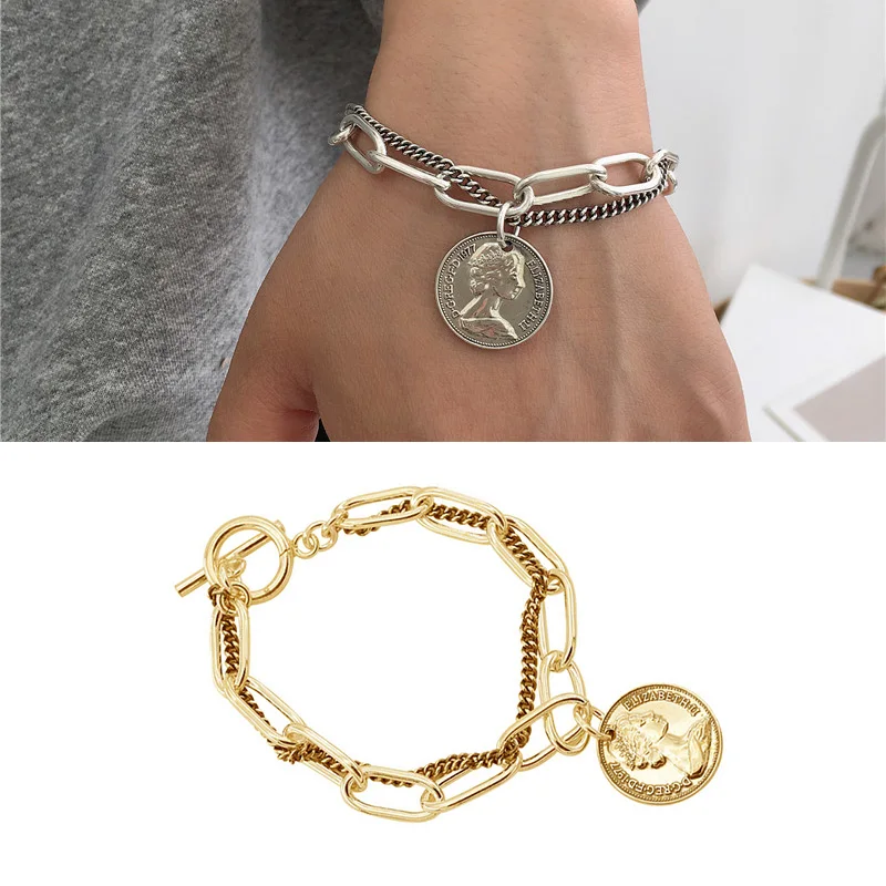 New Silver Gold Queen Head Coin Pendant Chain Double Layer OT Buckle Charm Bracelet Gifts Women Men Party Punk Jewelry Findings | Украшения