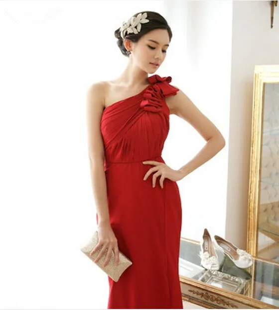 vestido de festa длинное шифоновое платье на одно плечо размера плюс красная дизайнерская мода платье подружки невесты
