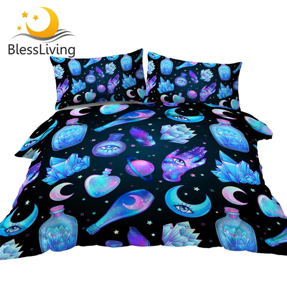 

BlessLiving Magic Bedding Set Witchcraft Bedspread Moon Crystal Bottles Duvet Cover Psychedelic Bed Set 3pcs Alchemy New Bedding