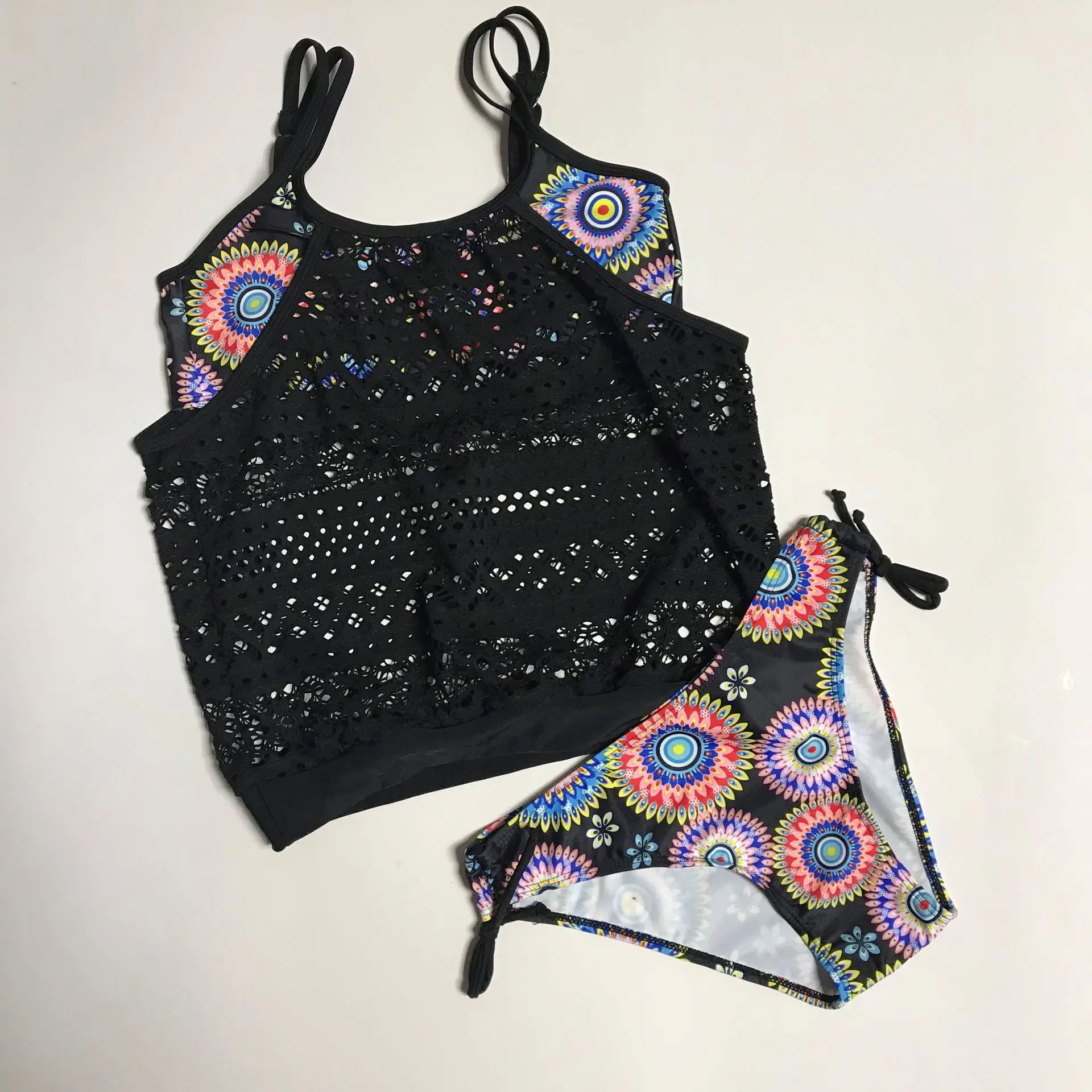 

Women's sexy ethnic style geometric mandala print bikini set halter neck net swimsuit two pieces swimwear Low Wai