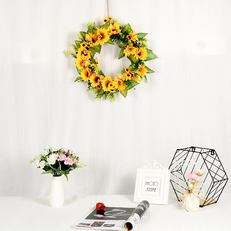 

Warm style Artificial Flower Wreath Garland With Yellow Sunflower And Green Leaves Front Door Window Wedding Decorations