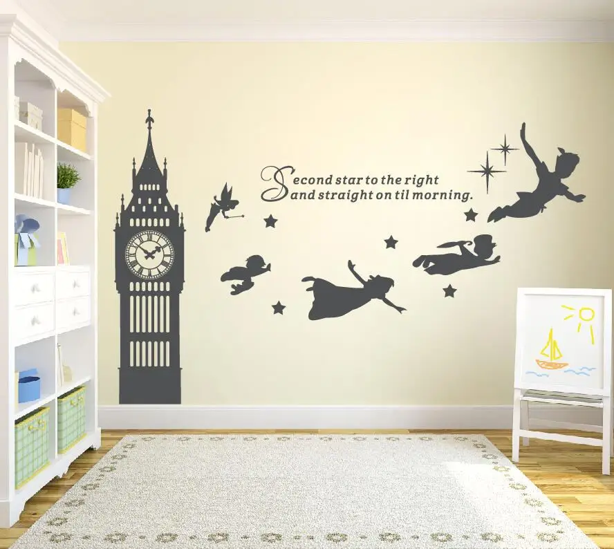 

Big Ben Clock Peter Pan Wall Decal Quotes Second Star To The Right Vinyl Wall Decal for Nursery Kids Room Decoration Poster Z785