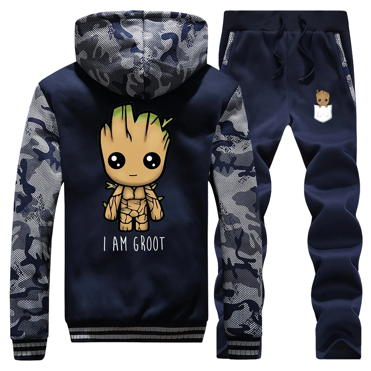 I'M GROOT, новинка, зимняя толстовка с капюшоном «стражи Галактики», камуфляжные мужские толстовки, костюм, пальто, толстая толстовка с капюшоном+ спортивные штаны, комплект из 2 предметов