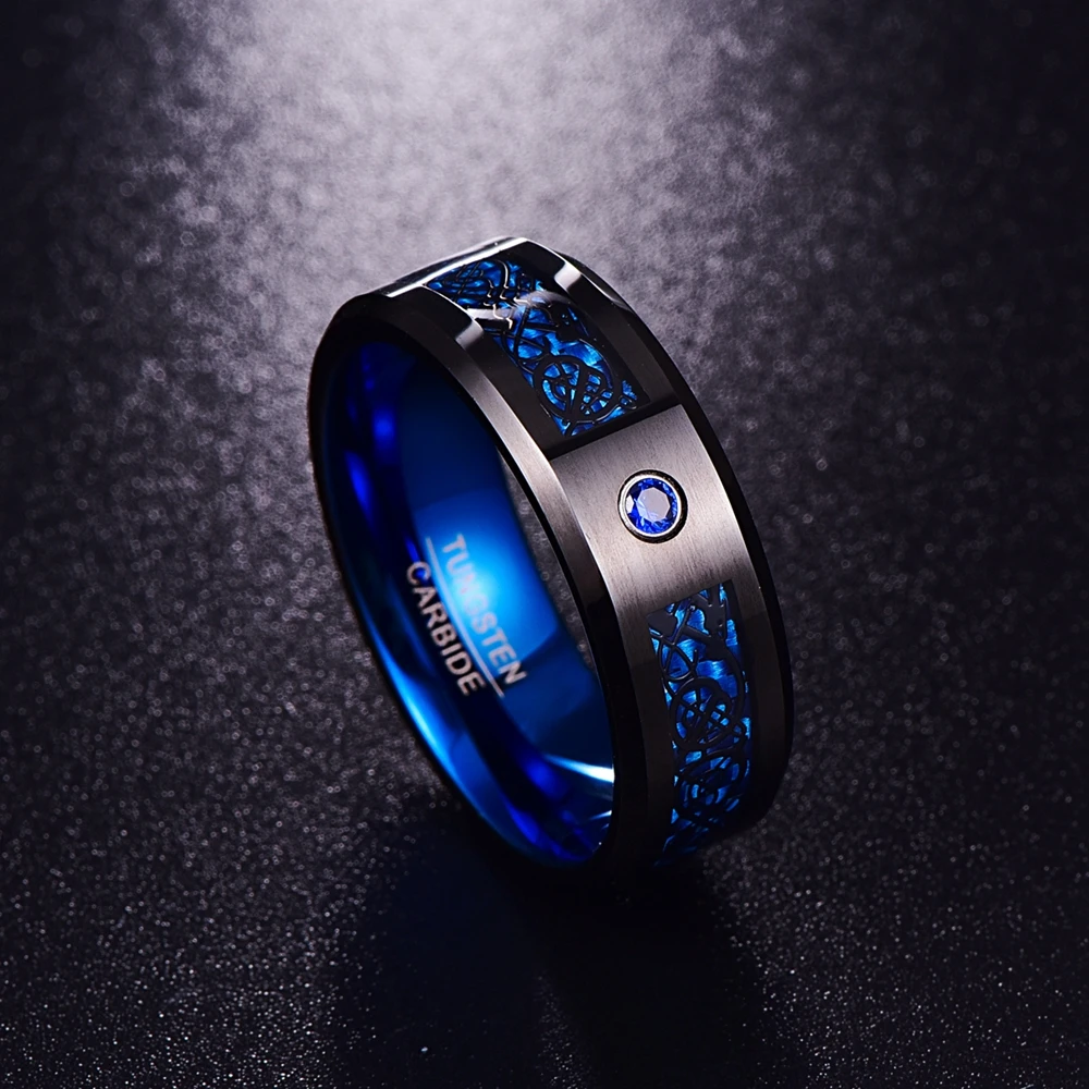 Comprar Nuncad 8mm de ancho 2,3 MM de espesor de moda anillo azul de carburo de tungsteno con incrustaciones de dragón negro para regalo de joyería de boda Ring t048r