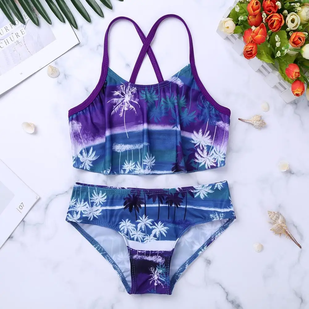 MSemis Girls Tropical Palm Printed Tankini Sets Swimwear 2 Piece Swimsuit Bathing Suit