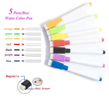 

5PCS Water Color Pens Magnetic Whiteboard Dry Wipe Fine Nib with Free Eraser Rubber Brush Fridge Magnets White Board Marker Pen