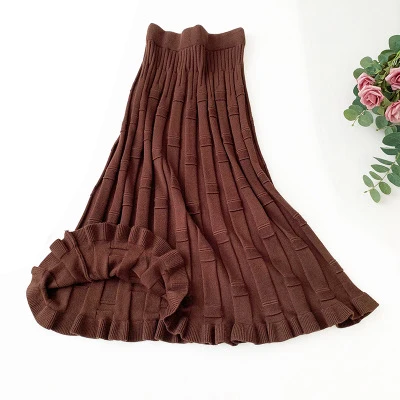 Autumn Winter Solid Jacquard Knit Skirts New Korean High Waist A-Line Stripe Long Skirt Women Ruffles Mermaid Skirt - Цвет: Coffee