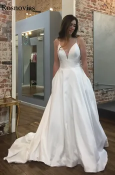 

Cheap Stain Wedding Dresses 2019 Spaghetti Strap V Neck Backless Sweep Train Vestido De Novia Modest Simple Bridal Gowns Custom