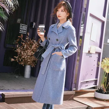 

Dabuwawa Winter Elegant Wool Long Coat Women Double Breasted Coat with Belt Warm Woolen Coat Vintage Overcoat Female D18DLN083