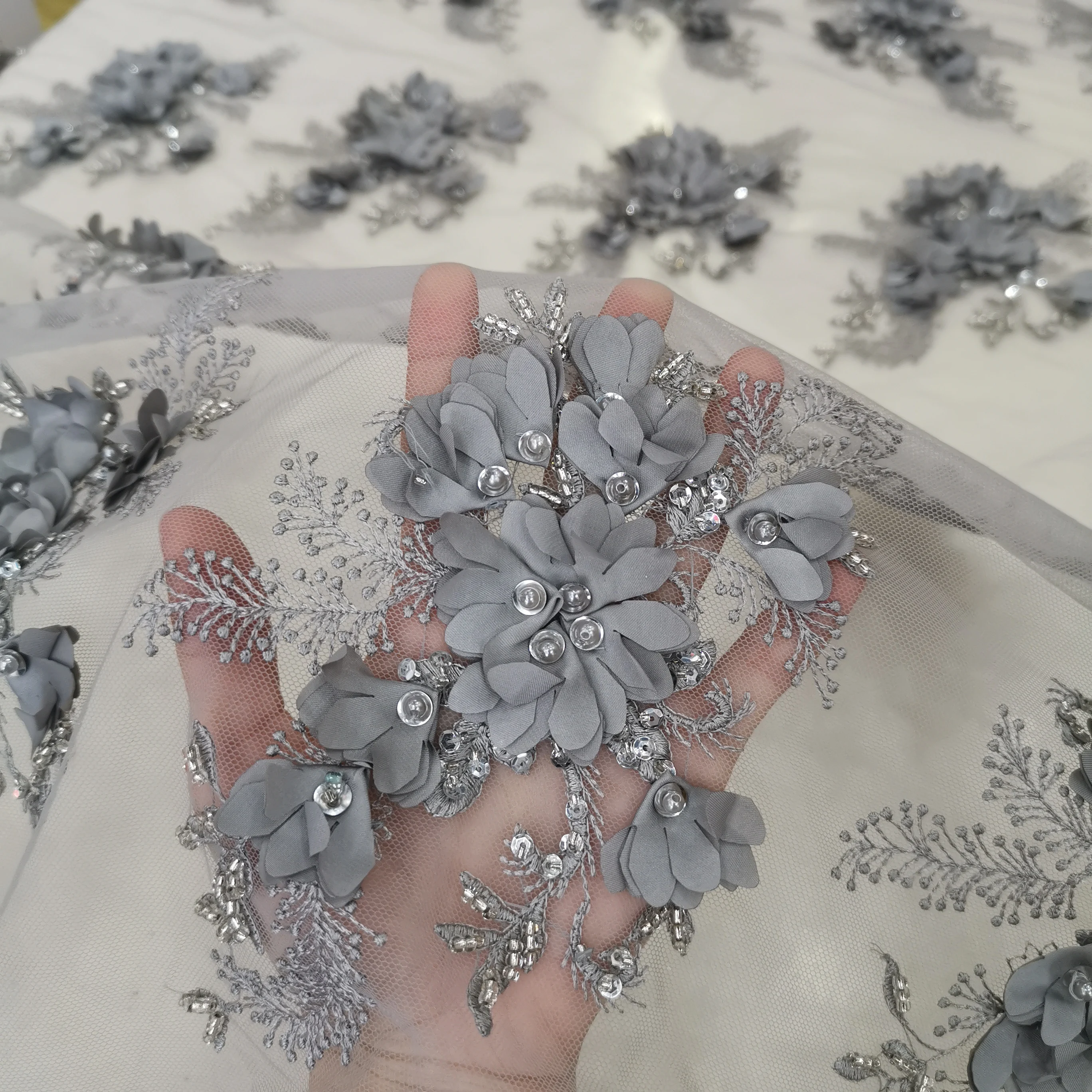 Серебряный/серый цвет 3d цветок ручной работы вышитый бисером кружевной ткани Африканский дизайн кружева Заводская цена 5 ярдов за лот