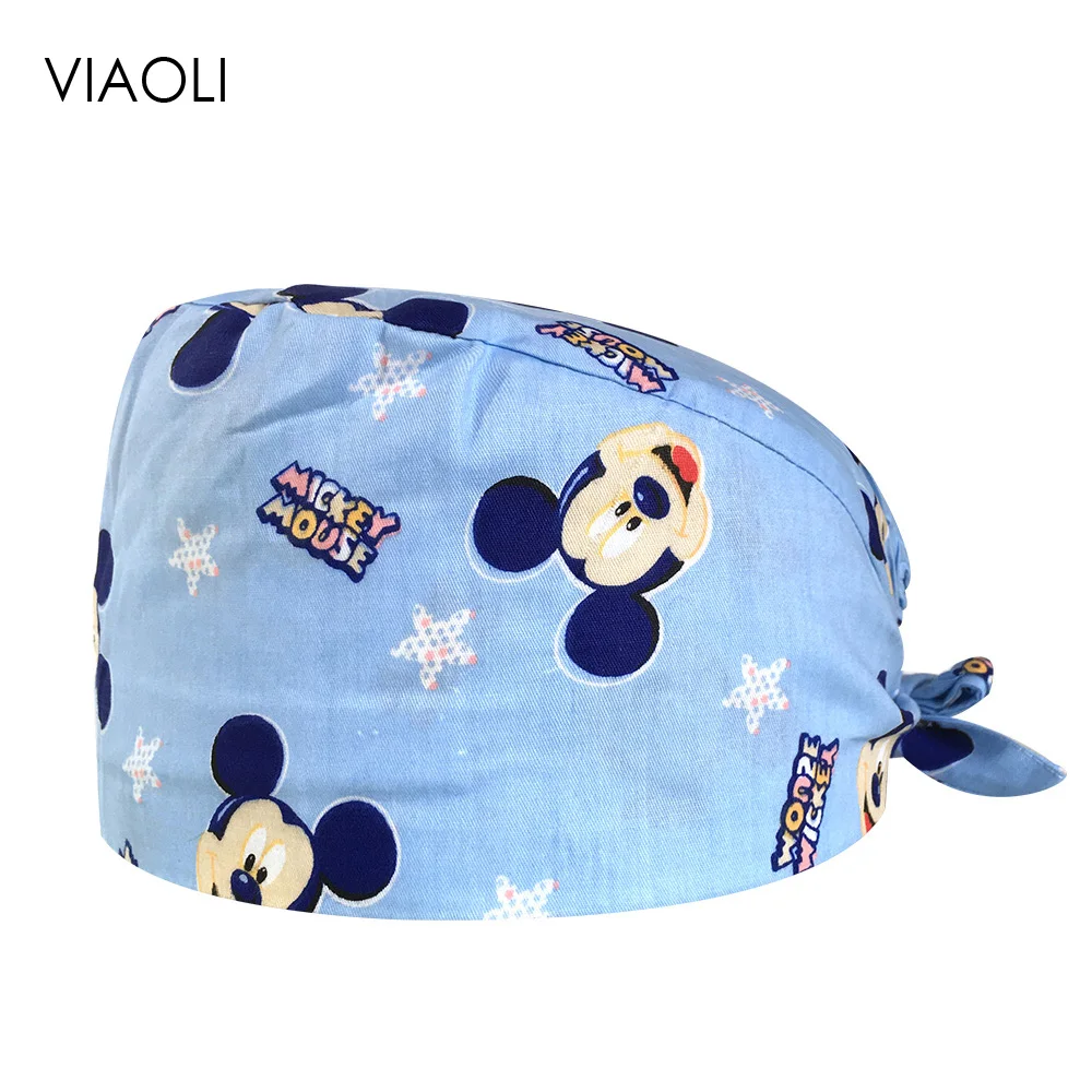 

VIAOLI Print Black Tieback Elastic Section 100% Cotton Surgical Caps Scrub Caps for men Women Hospital Medical Hats Arrival 091