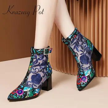 

krazing pot spring printing sheep leather air mesh national style high heel pointed toe metal buckle sunscreen ankle boots L29