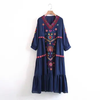 

2020 Vintage Ethnic Chic Women Floral Embroidery Beach Bohemian Maxi Dress Ladies V Neck Boho Happie Dress Vestidos